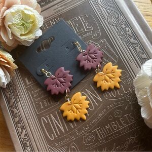 Handmade Leaf Design Earrings in Burgundy and Gold polymer clay